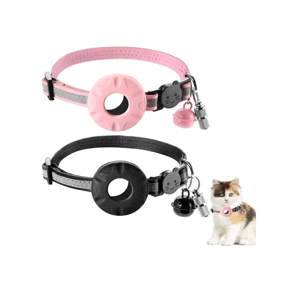 NEW! BUNDLE Two Cat Collars Leather AirTags Reflective Bell ID Pink Black 8”-14”
